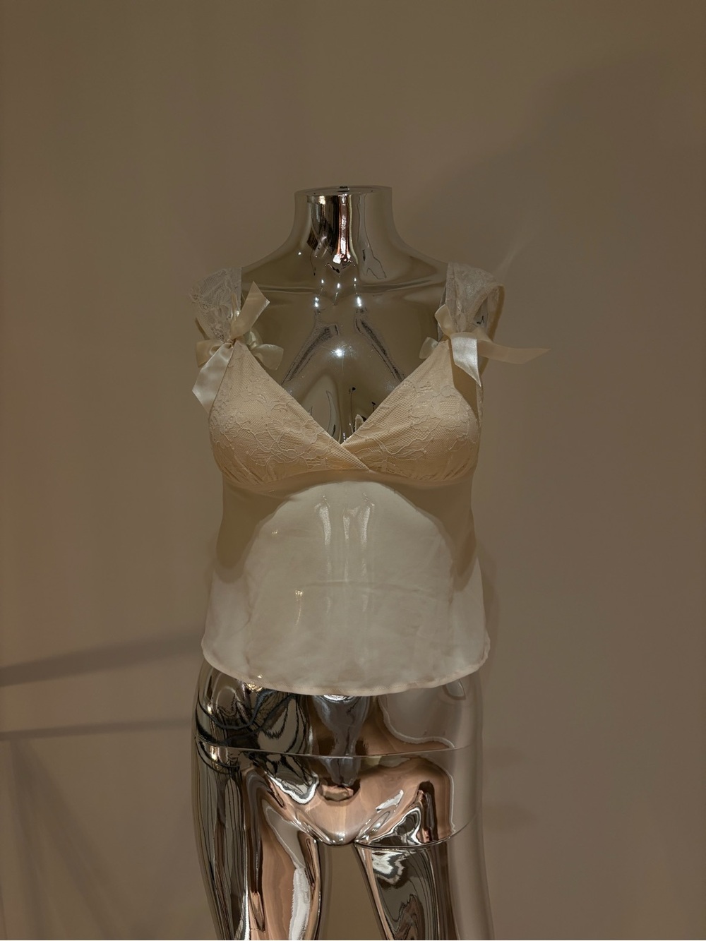 Lace-Trim Ivory Camisole with Bow Shoulder Straps